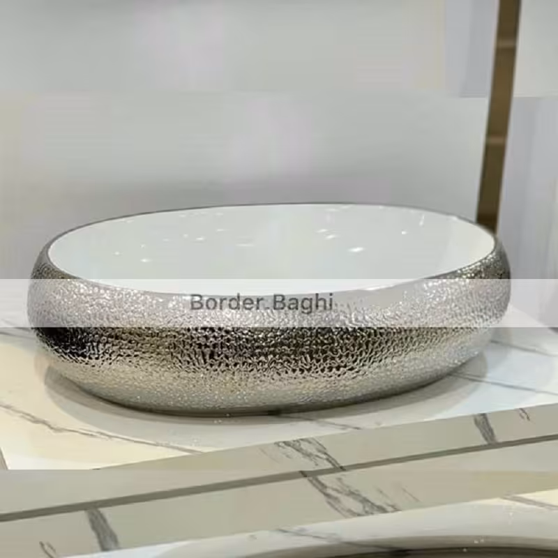 کاسه روشویی مدل بیضی سفید نقره ای پوست ماری