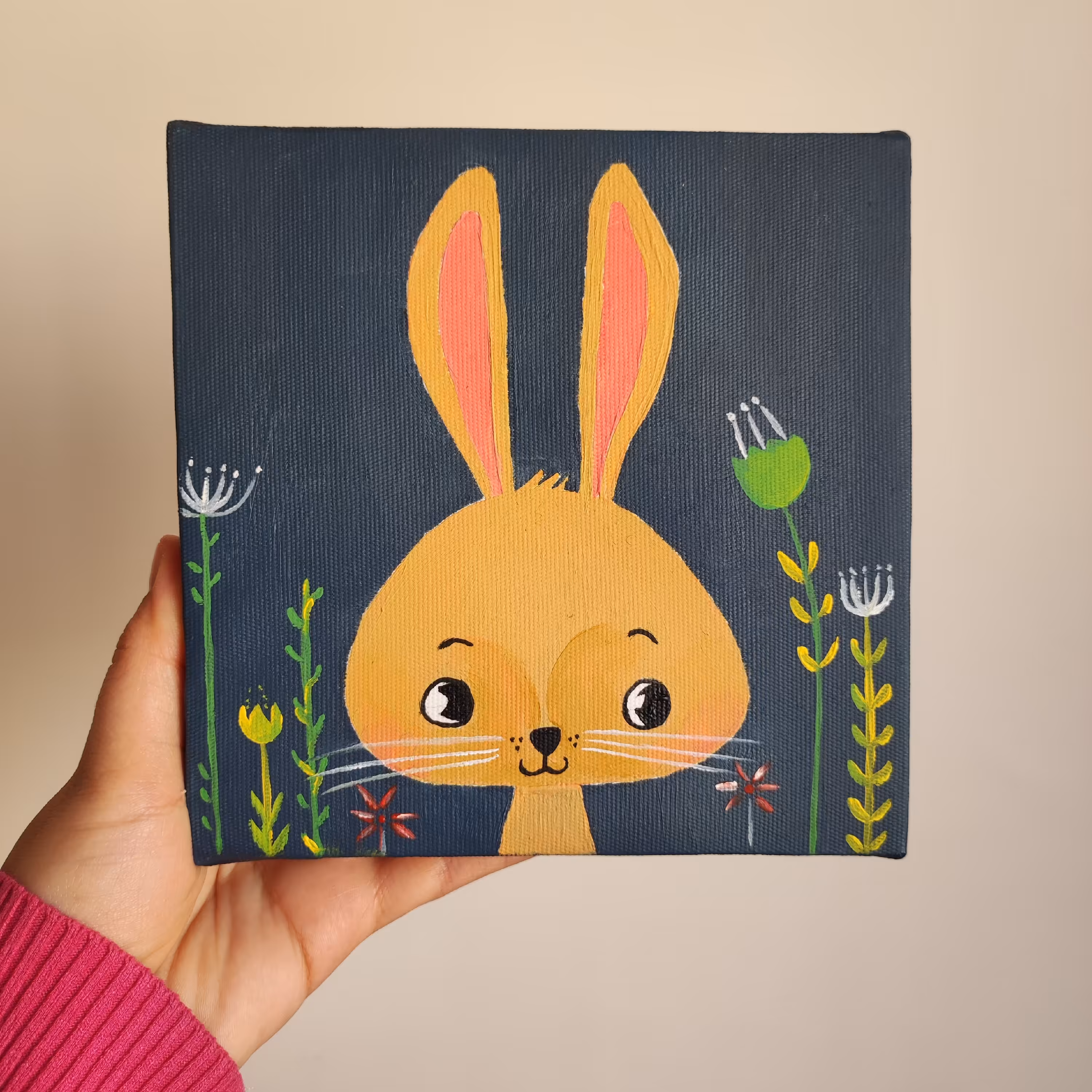 تابلو نقاشی فانتزی  خرگوش رنگ روغن مناسب کودکان سایز 20 در 20