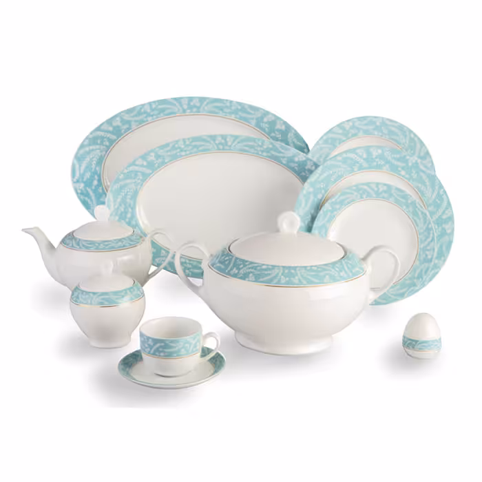 سرویس چینی زرین 12 نفره کامل آتن فیروزه ای (102 پارچه)