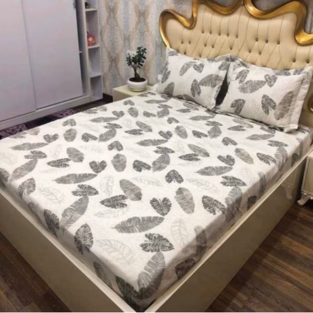 روتشکی کش دار دونفره  مدل برگی سه تکه به همراه دو عدد روبالشتی