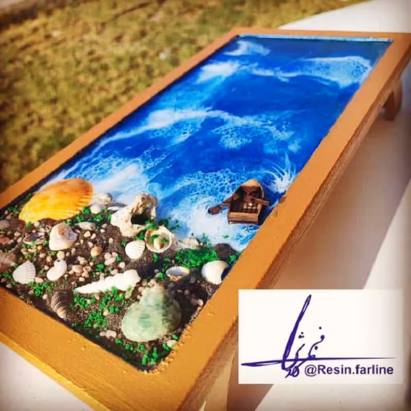 سینی رزینی - پایه دار ترکیب چوب و رزین-برد مزه-طرح جذاب دریا