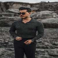 پلیور خاکستری مردانه آنتراسیت ژاکت یقه چوگان روبان برجسته OUTFİT MAN