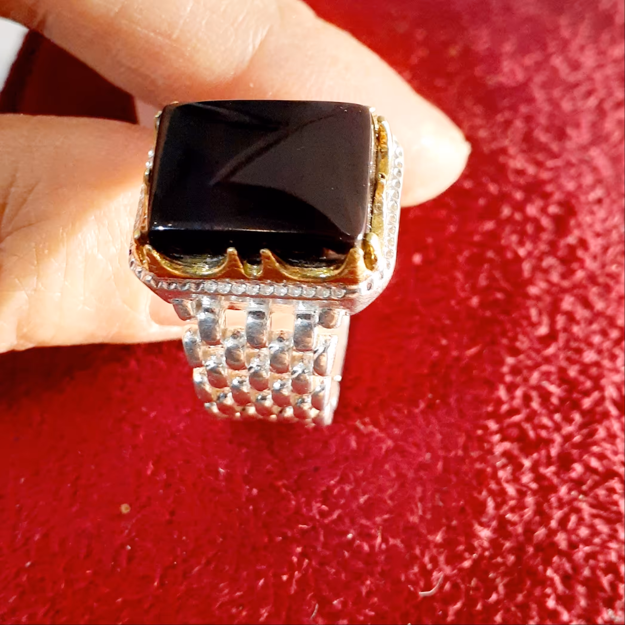 انگشتر مردانه  نقره 925 تاج برنجی  بند رولکسی  نگین آبسیدین معدنی و طبیعی تراش دست