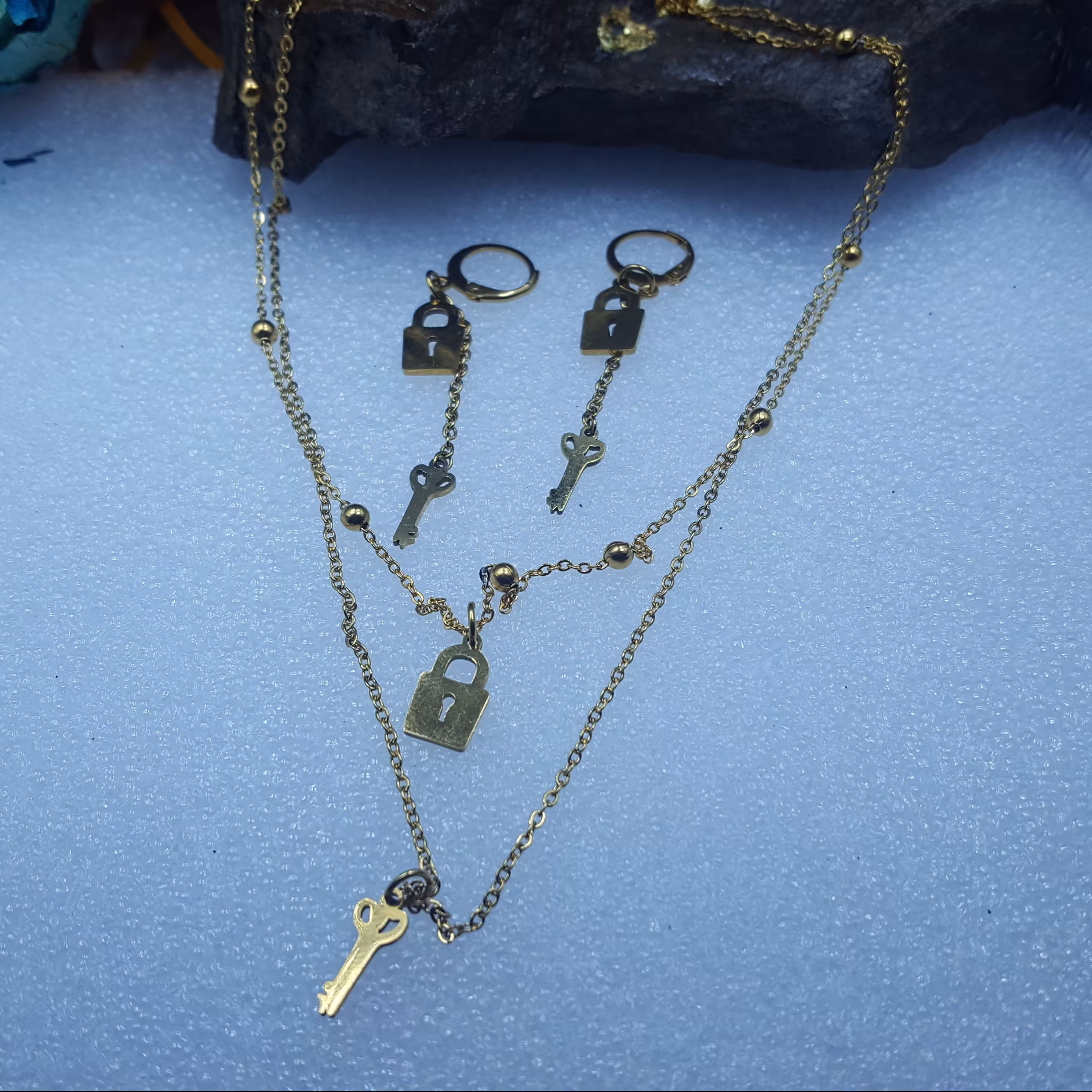 نیم ست دو لاین قفل و کلید استیل ضد حساسیت روکش طلا رنگ ثابت کد(271)