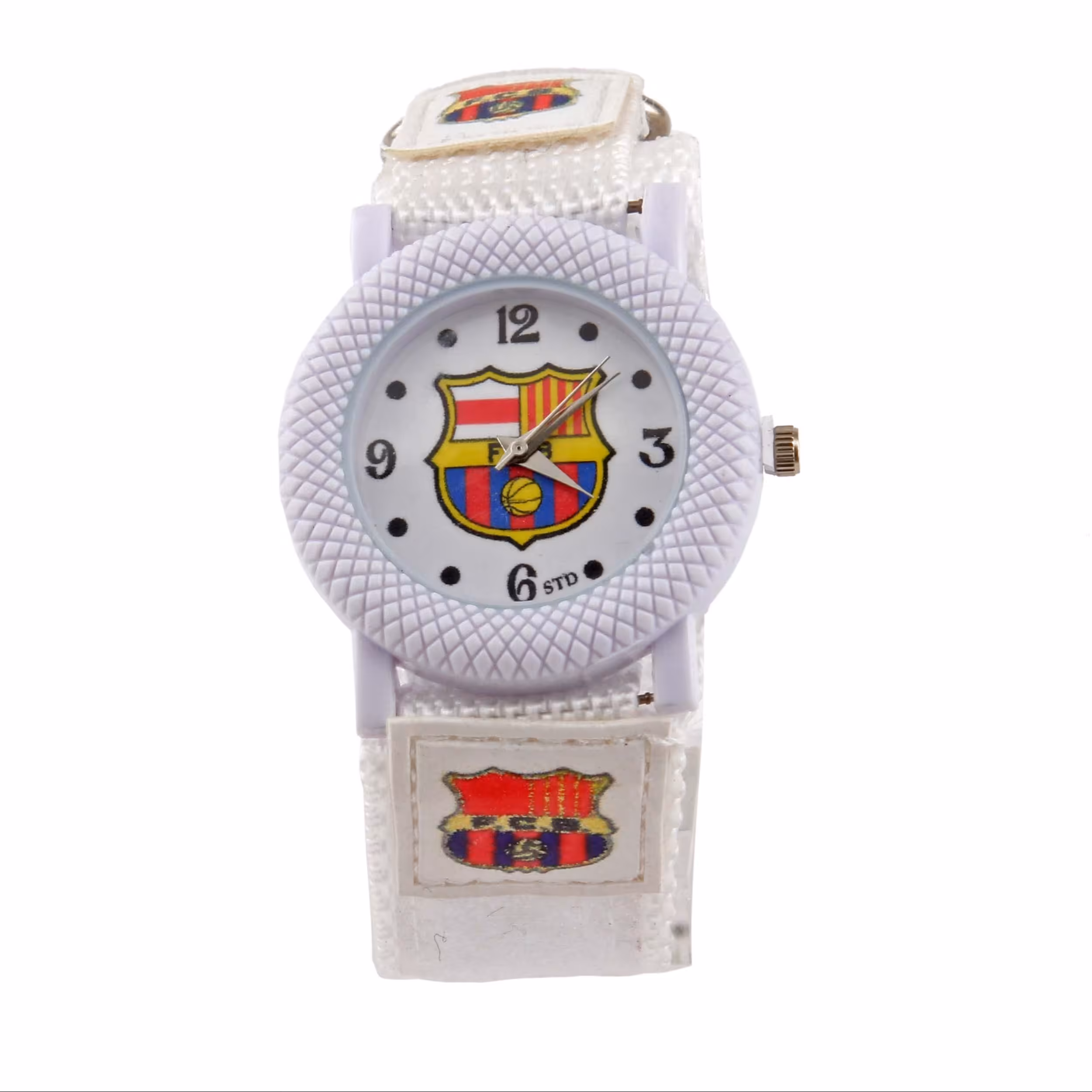 ساعت مچی عقربه ای پسرانه مدل ورزشی بند کتان چسبی طرح بارسلونا کد WHK093