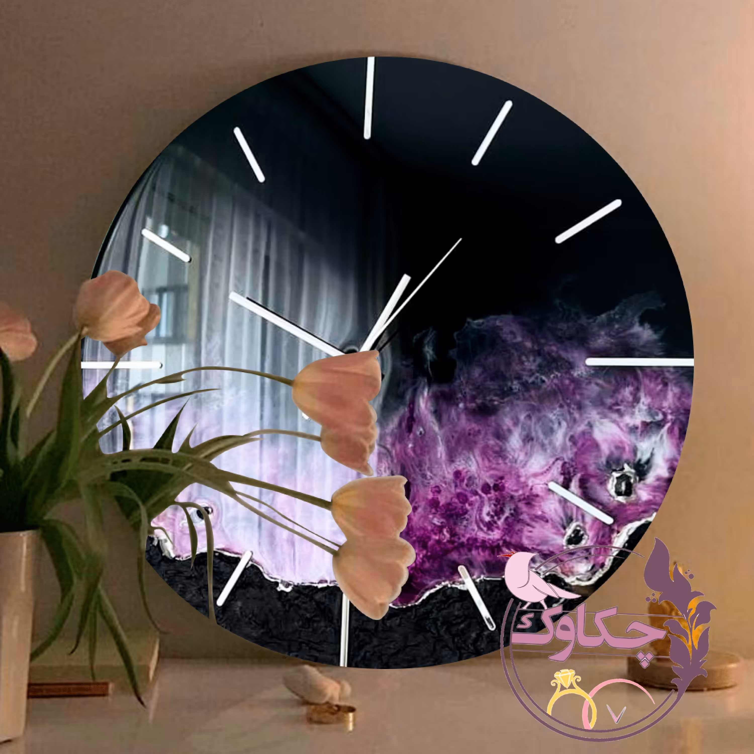 ساعت دیواری چوب و رزین طرح ساحل صورتی با زمینه مشکی با بیس 30 سانتی