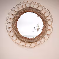 آینه دکوراتیو  گرد، سبک بوهو، کاملا دستساز، قطر آینه 35، با احتساب حاشیه50، حصیر ایرانی