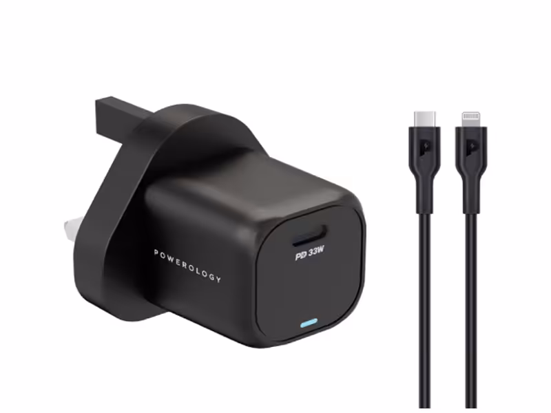 شارژر دیواری 33 وات دارای کابل لایتنینگ پاورولوژی Powerology 33W GaN PD USB-C Fast Charger PWCUQC010