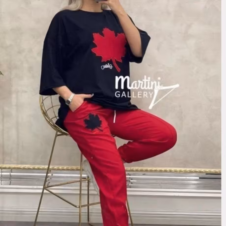 ست تیشرت لانگ و شلوار  طرح برگ