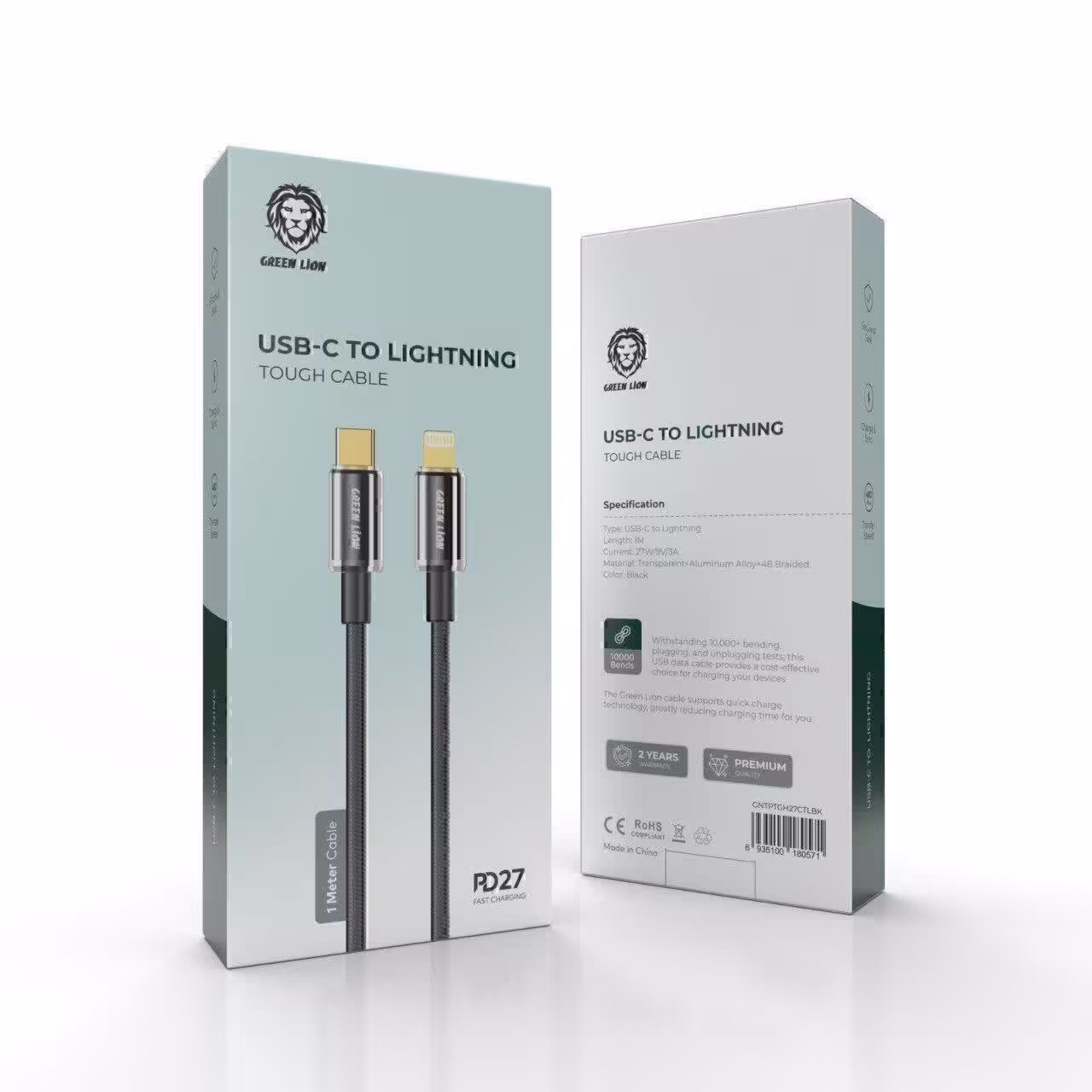 کابل ال ای دی تایپ سی به لایتنینگ بافته شده گرین Green PD27 Led Braided Cable Usb-C to Lightning | موبوران