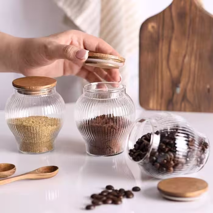 بانکه شیشه ادویه تیام مدل خمره ای درب چوبی