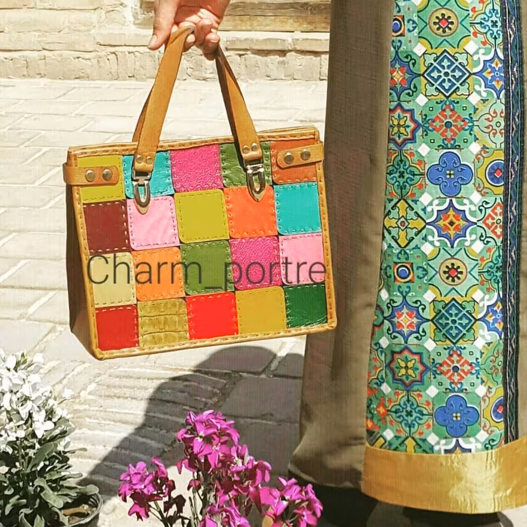 کیف دستی چرم  طبیعی چهل تکه