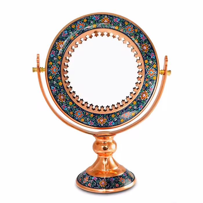 آینه مسی با طرح قاب مس و پرداز سایز 20 سانتی متر رنگ لاجورد
