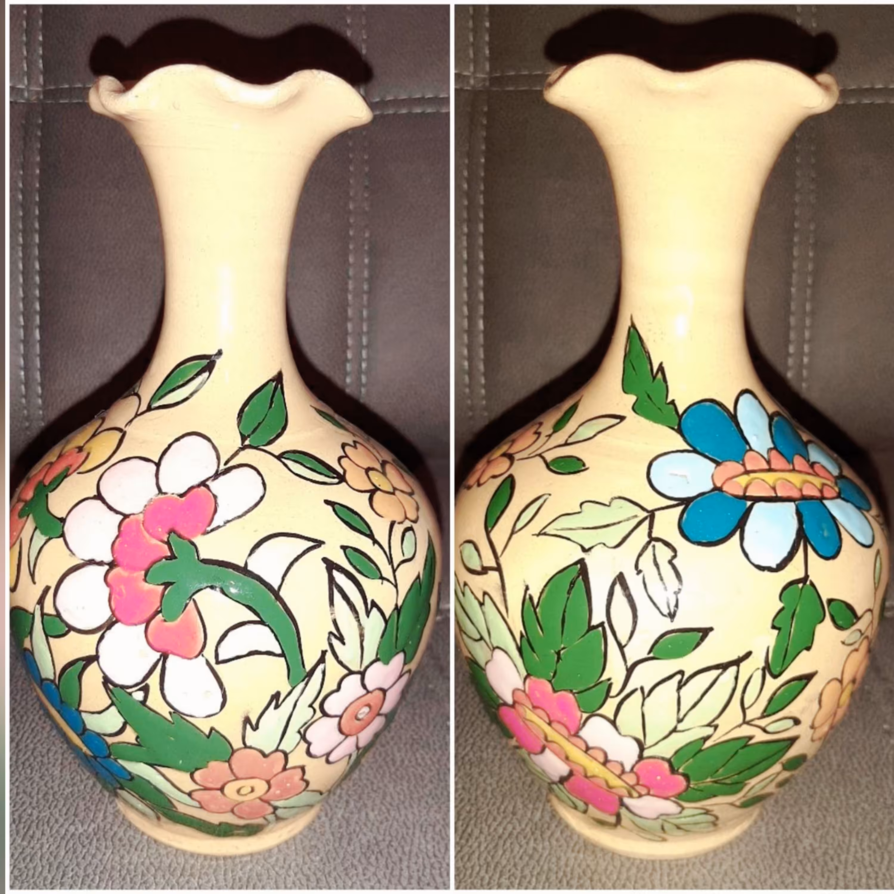 گلدان سفالی لعابدار زمینه کرم