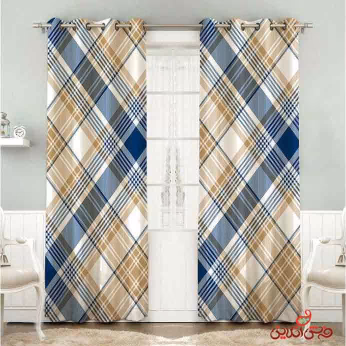 پرده 2عددی طرح چهار خونه(آبی قهوه ای)  کد 2782