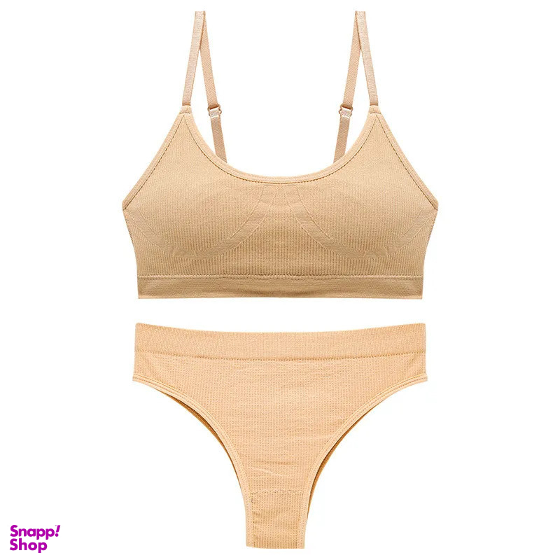 ست نیم تنه و شورت ورزشی زنانه مدل کبریتی طرح نخی سیملس رنگ بژ