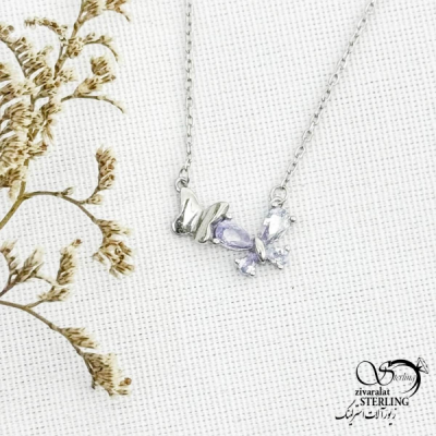گردنبند نقره پروانه بنفش کد 13668