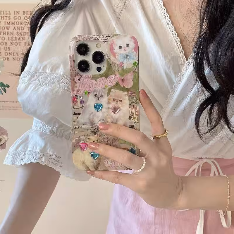 قاب گوشی آیفون Cat love  همراه با سنگ رنگی چسبی
