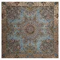 رومیزی ترمه مربع ابریشم  کد TRM86  رنگ سبزآبی  آستر آبی