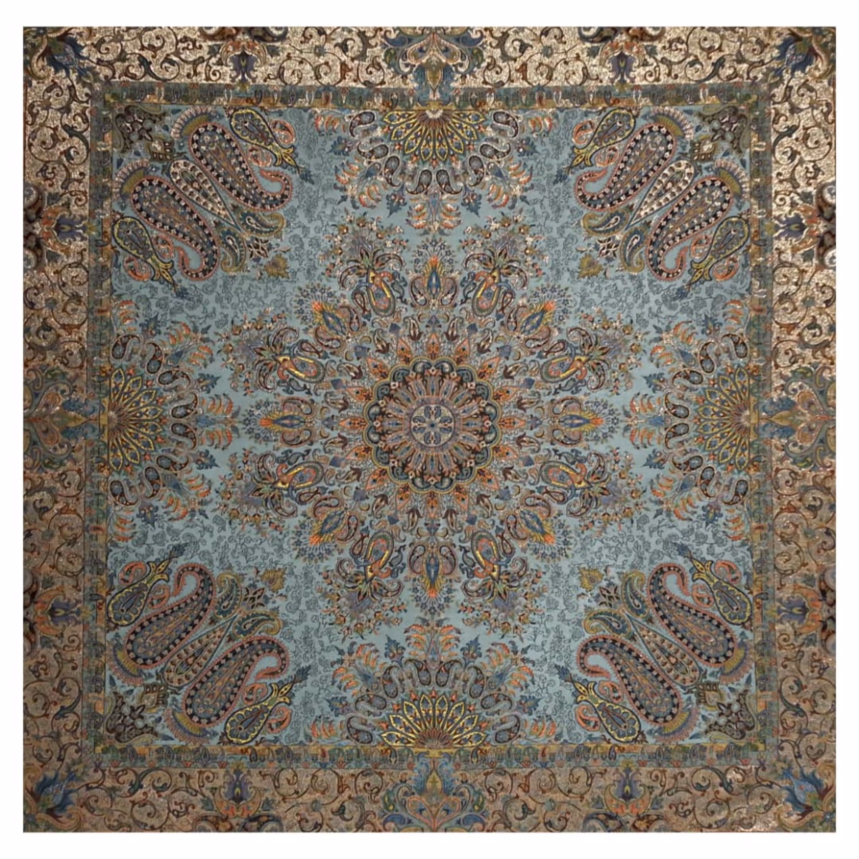 رومیزی ترمه مربع ابریشم  کد TRM86  رنگ سبزآبی  آستر آبی