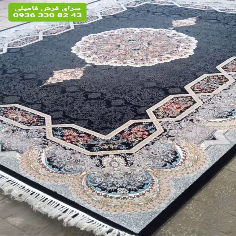 فرش ماشینی کاشان طرح هالیدی9متری700شانه تراکم2550نخ اکریلیک رنگ سرمه ای
