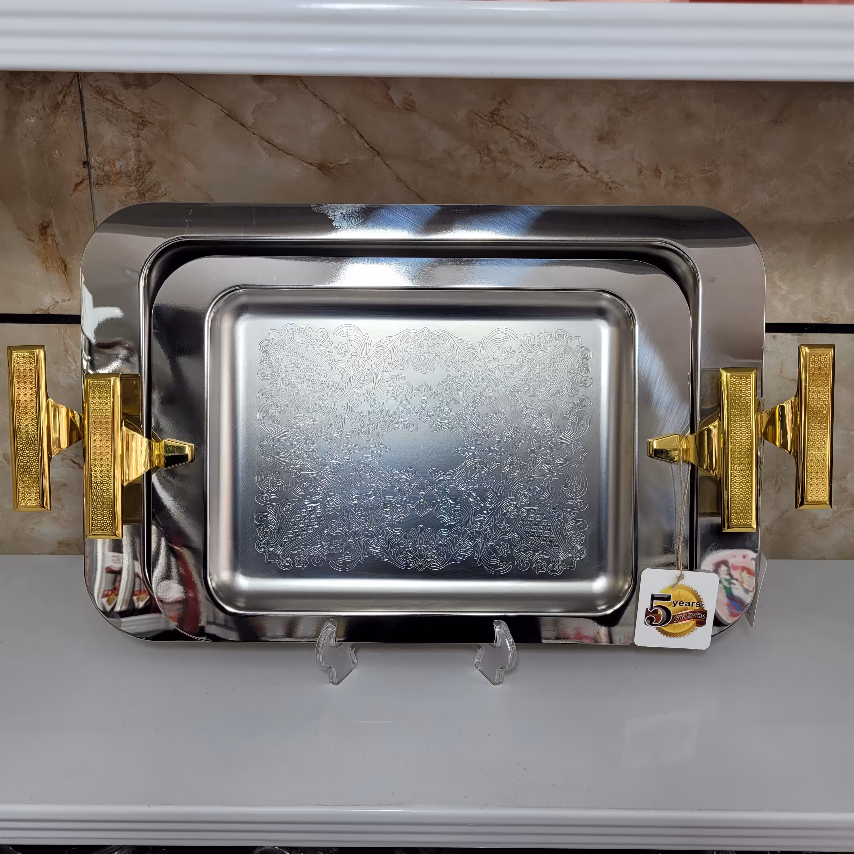 سینی پذیرایی تمام استیل 2 سایز طرح دار