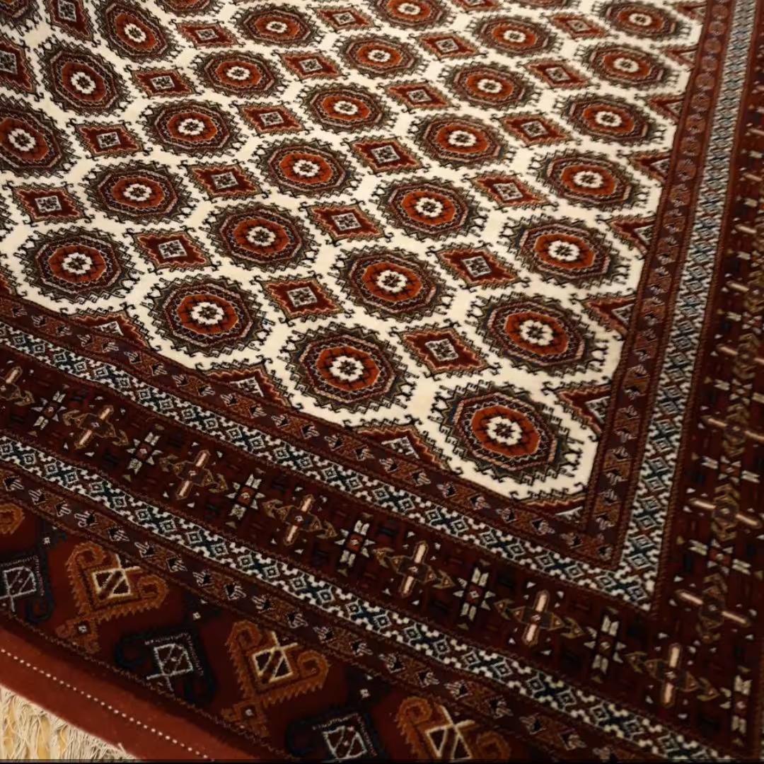 قالی 9 متری دستبافت ترکمن، ریز بافت، طرح آینه گل،ارسال رایگان، پشم