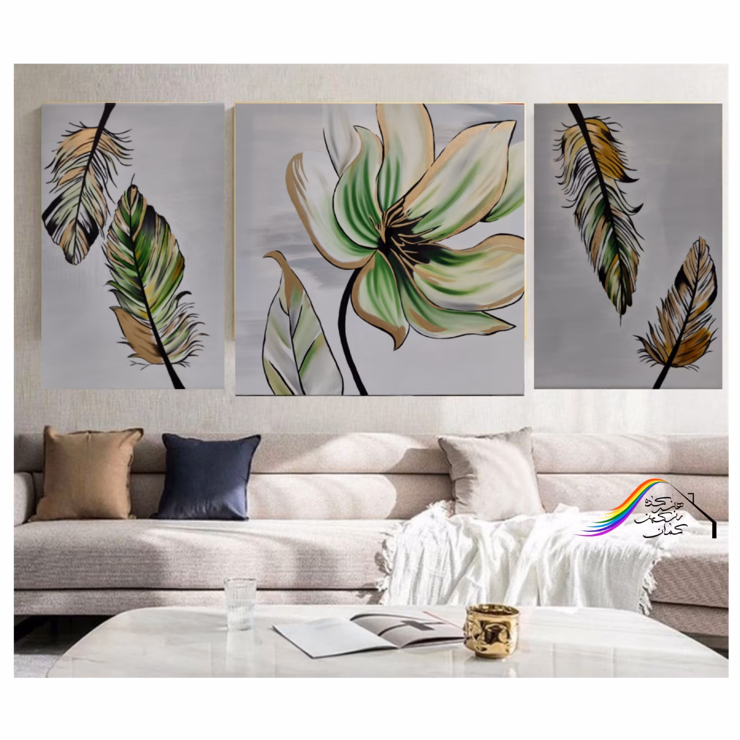 تابلو نقاشی سه لت طرح گل و پر تکنیک رنگ روغن و طلای مایع