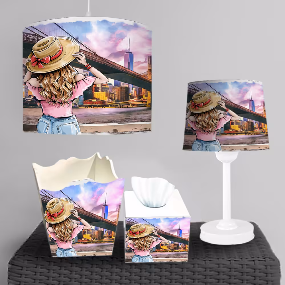 ست چراغ خواب و لوستر و جای دستمال کاغذی فانتزی دخترانه طرح دختر با لباس صورتی BA-4885