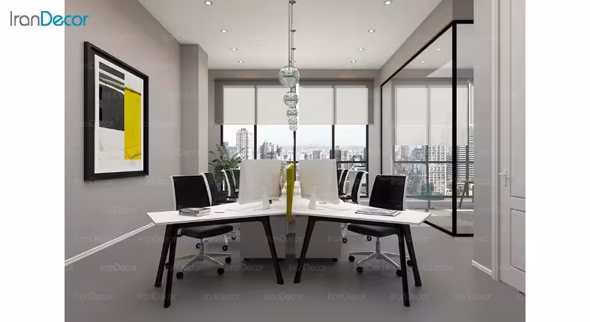 میز کار گروهی پایه چوبی نظری مدل استرایپ صفحه ام دی اف با دیوایدر