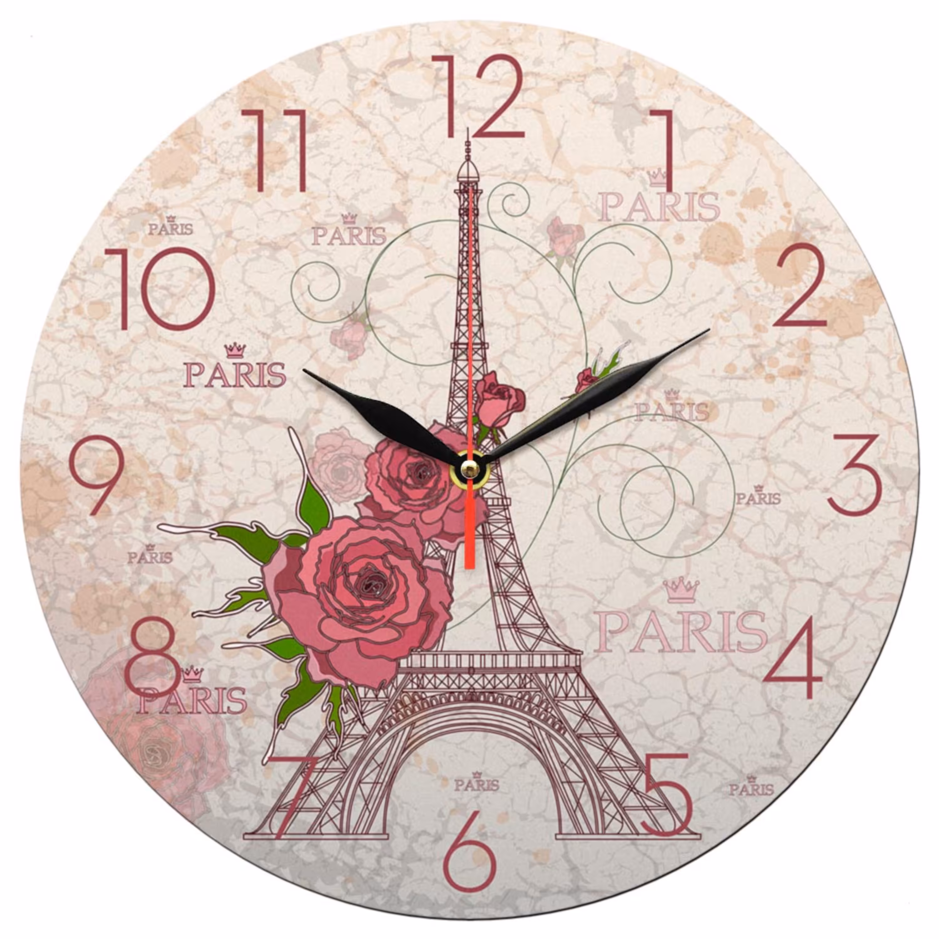 ساعت دیواری گرد مدل 1237 طرح برج ایفل و گل رز قطر 30 سانتیمتر