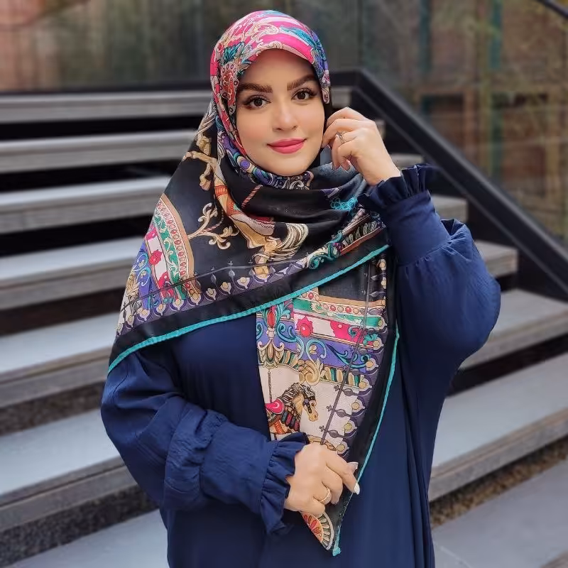 روسری نخی گارزا درجه یک دور دست دوز چاپ دیجیتال کیفیت عالی