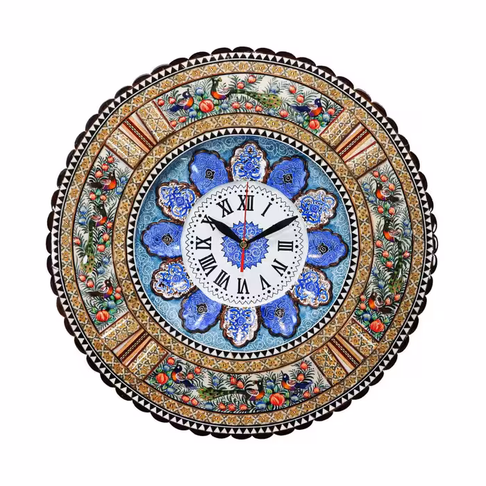 ساعت گرد لبه دالبری گل و مرغ سبز  برجسته خاتم کاری صفحه میناکاری روی مس(23)(گارانتی 120 ماهه)