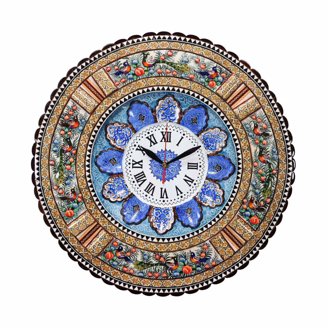 ساعت گرد لبه دالبری گل و مرغ سبز  برجسته خاتم کاری صفحه میناکاری روی مس(23)(گارانتی 120 ماهه)