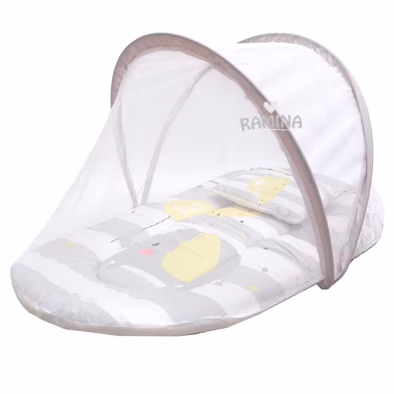 پشه بند فنری نوزاد با تشک و بالش نخی راه راه