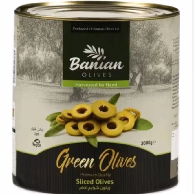 کنسرو زیتون سبز اسلایس بانیان