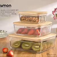 ست ظرف شیشه ای شیاردار  درب چوبی (لیمون)