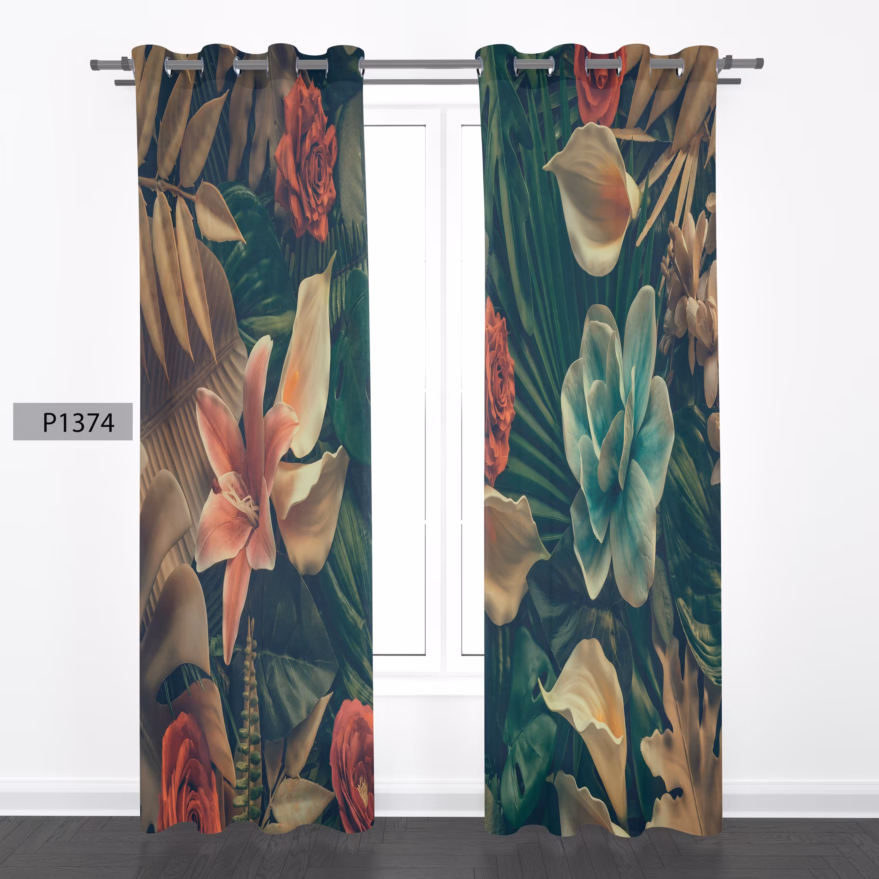 پرده هازان چاپی دوقواره دوخته شده پانچ شده هر قواره عرض 140ارتفاع 190 کد1374