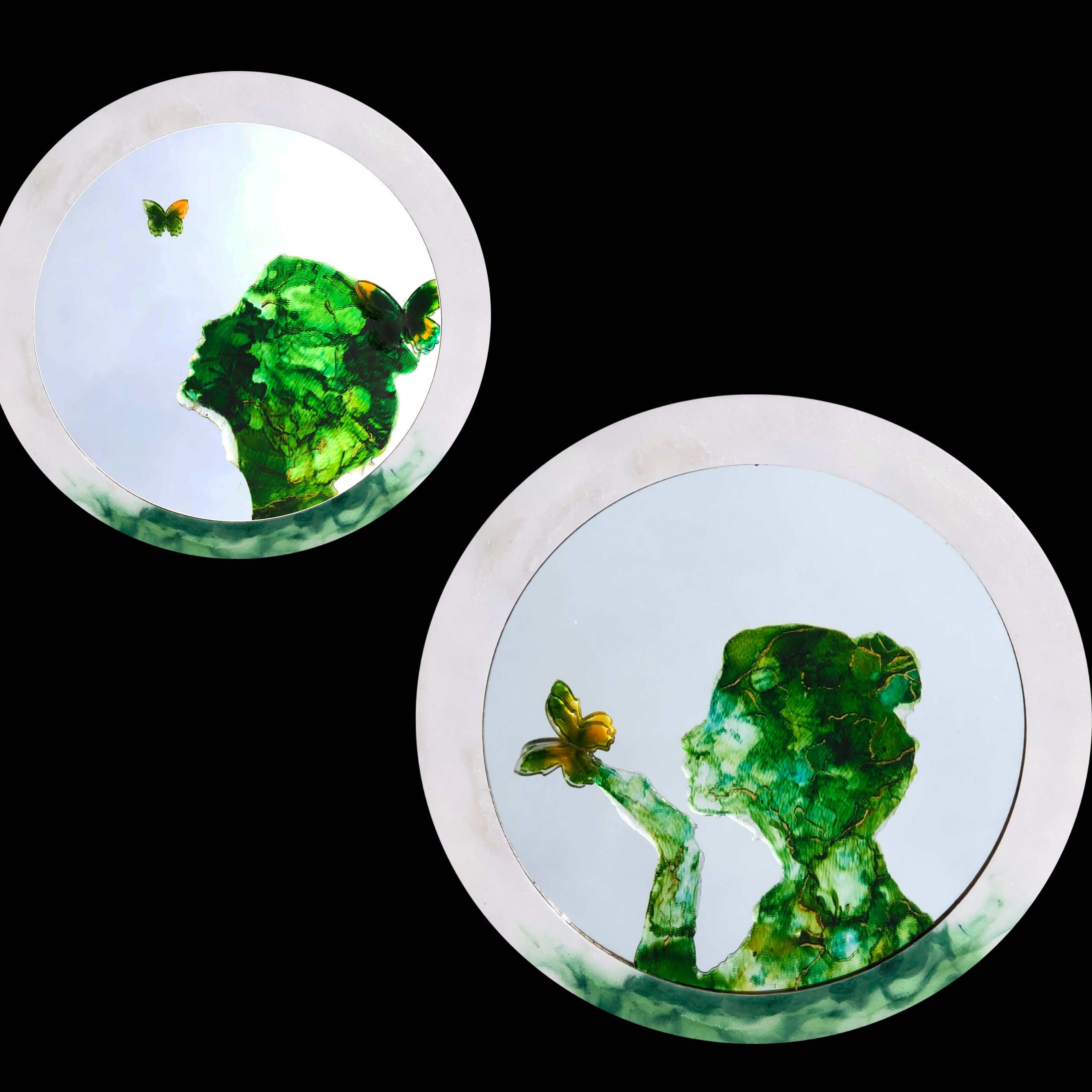 آینه با قاب آینه طرح دکوراتیو رویای پروانه های سبز دخترک