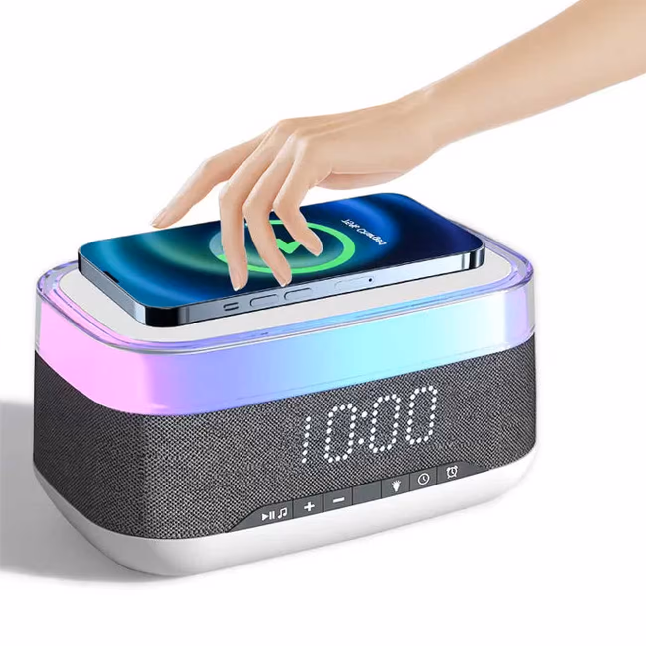 اسپیکر بلوتوثی، شارژ بی‌سیم 15 وات، چراغ خواب و ساعت دیجیتال رومیزی PGM202