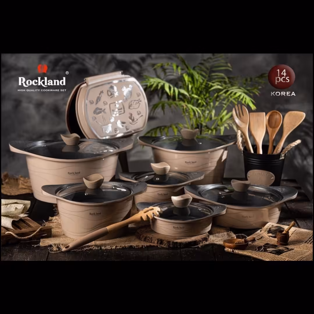 سرویس قابلمه چدن گرانیت 14 پارچه برند راکلند مدل موجی رنگ نسکافه ای 