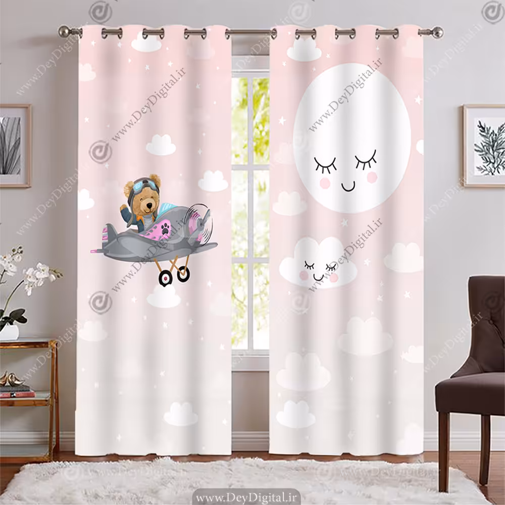 پرده طرح خرس خلبان با ماه و ابر و زمینه صورتی روشن WA-2178