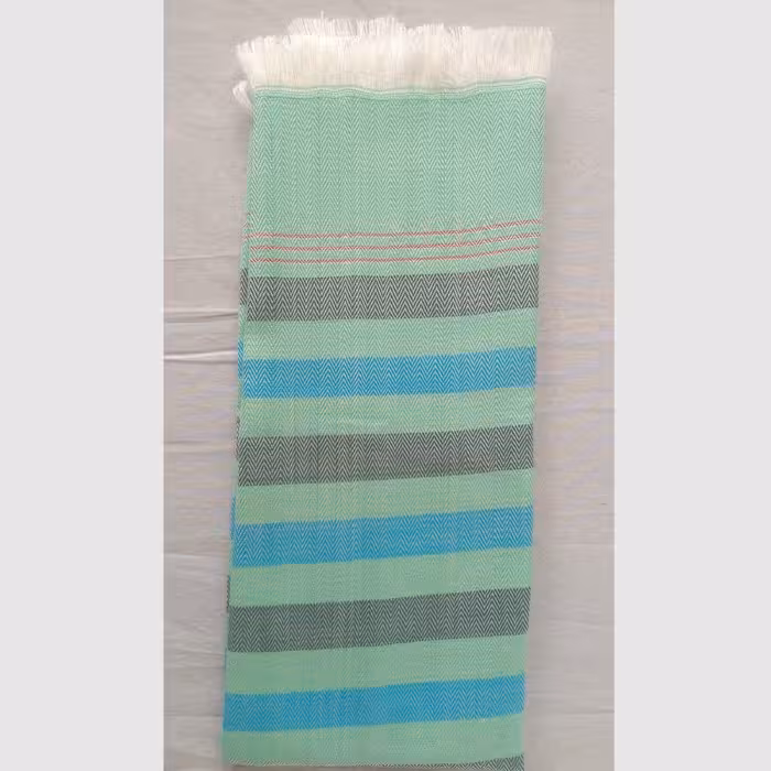 حوله دستباف دست و صورت راه راه سبز پسته ای با خطوط سبز لجنی و آبی فیروزه ای