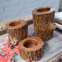 جا شمعی پلی استر تنه ی درخت پتینه شده با قهوه ای و طلایی