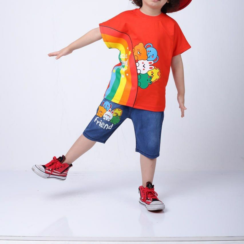 ست تیشرت و شلوارک لی کاغذی اسپورت بچگانه شیک و خوشگل مناسب حدود سنی 2 تا 9 سال جنس تیشرت پنبه جنس شلوارک لی کاغذی