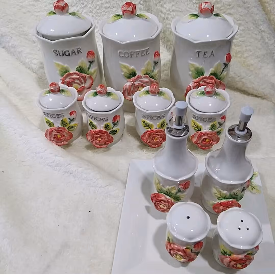 پا سماوری سرامیکی گل برجسته 12 پارچه درجه یک  گل قرمز 