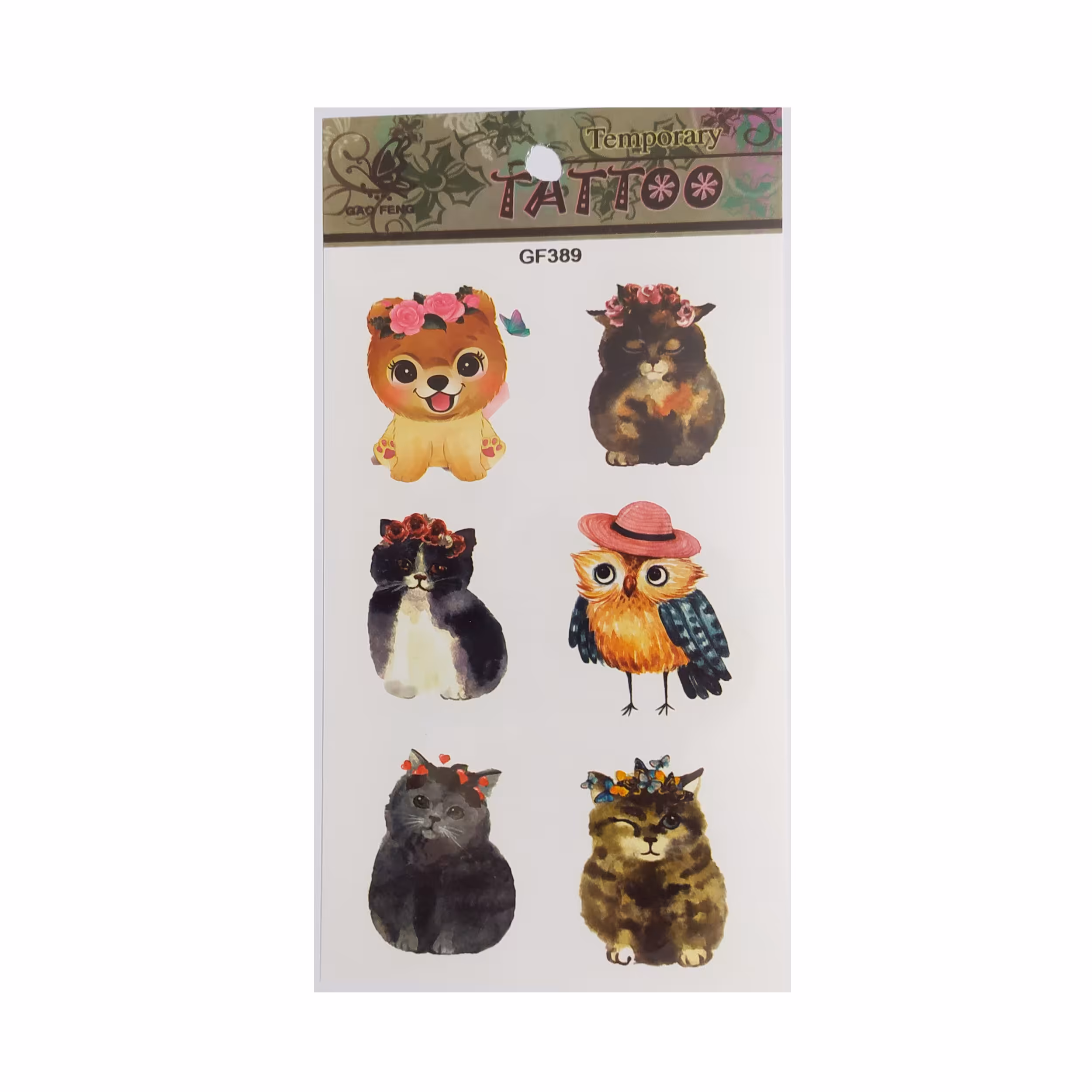 تتو موقت طرح تاج جغد و گربه و سگ 389