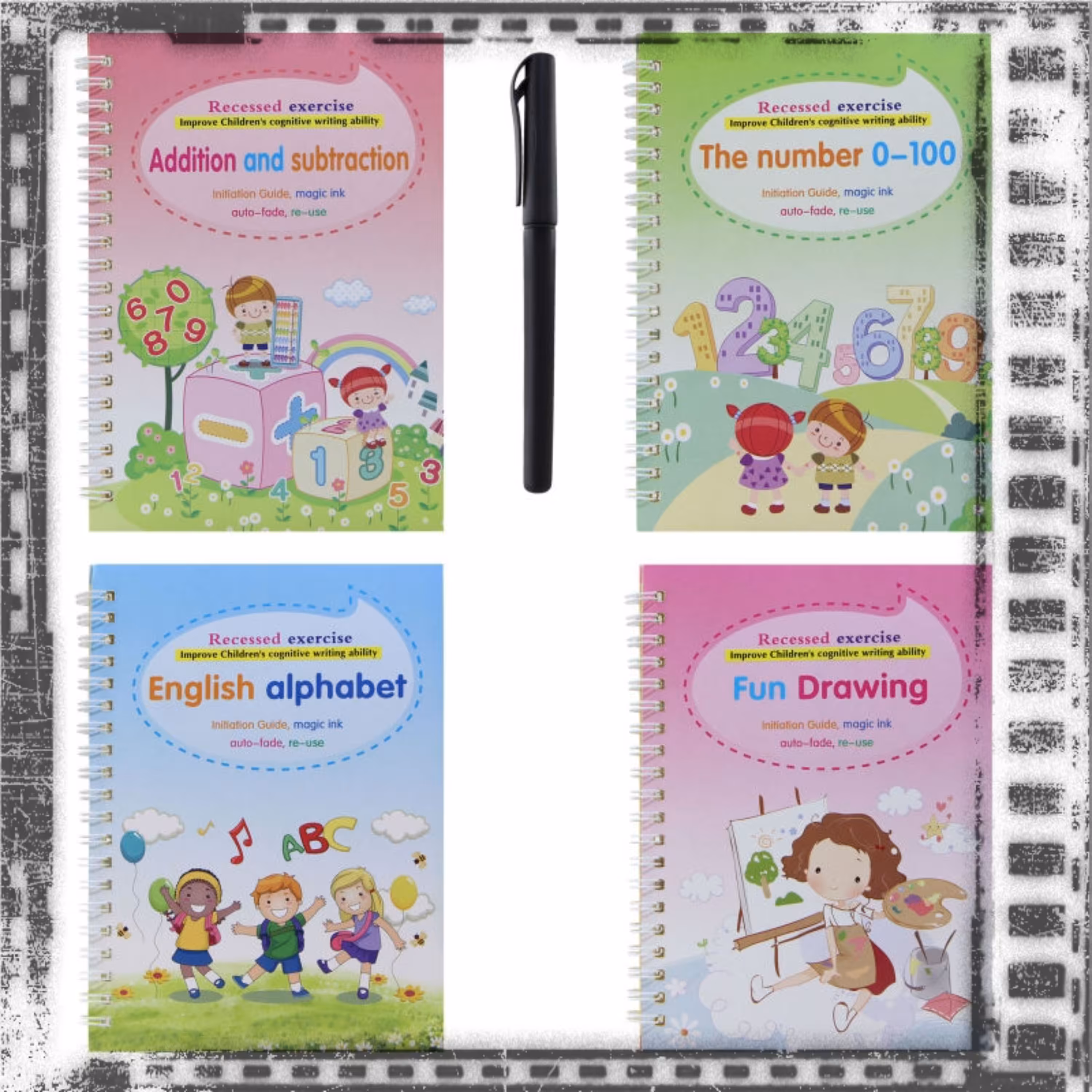 دفتر نقاشی و تمرین حروف و اعداد انگلیسی مجموعه 4 عددی به همراه ماژیک پاکشو