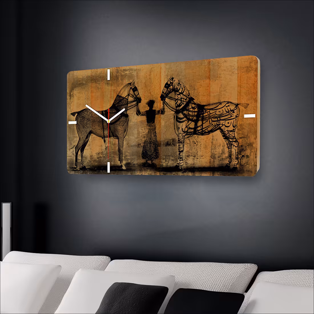 ساعت دیواری چوبی   حکاکی نقاشیخط گالری چارگوش مدل rc05  مستطیل 28در58 سانتیمتر