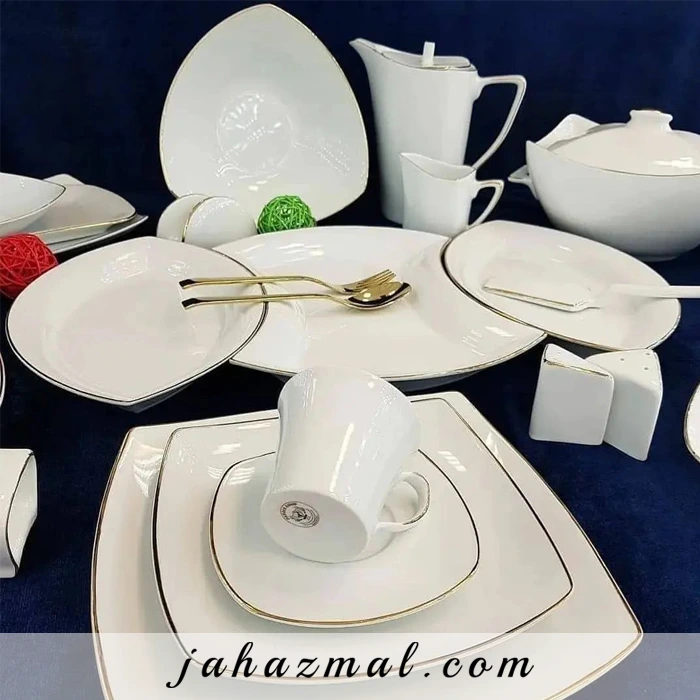 سرویس چینی پردیس طرح سفید لب طلا 105 پارچه